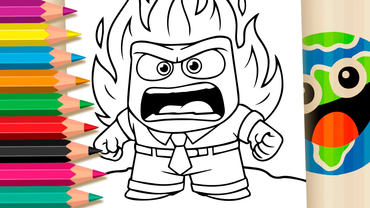 Desenho em preto e branco para colorir do personagem Raiva do filme Divertidamente. Ele é baixo, quadrado, usa camisa e gravata, e está com uma expressão furiosa, dentes cerrados, punhos fechados e grandes chamas saindo do topo de sua cabeça.