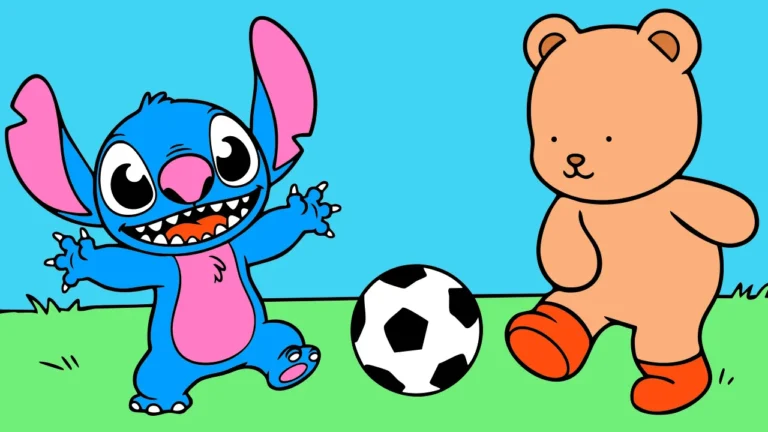 Stitch e Bob Gude jogando bola em um dia bonito.