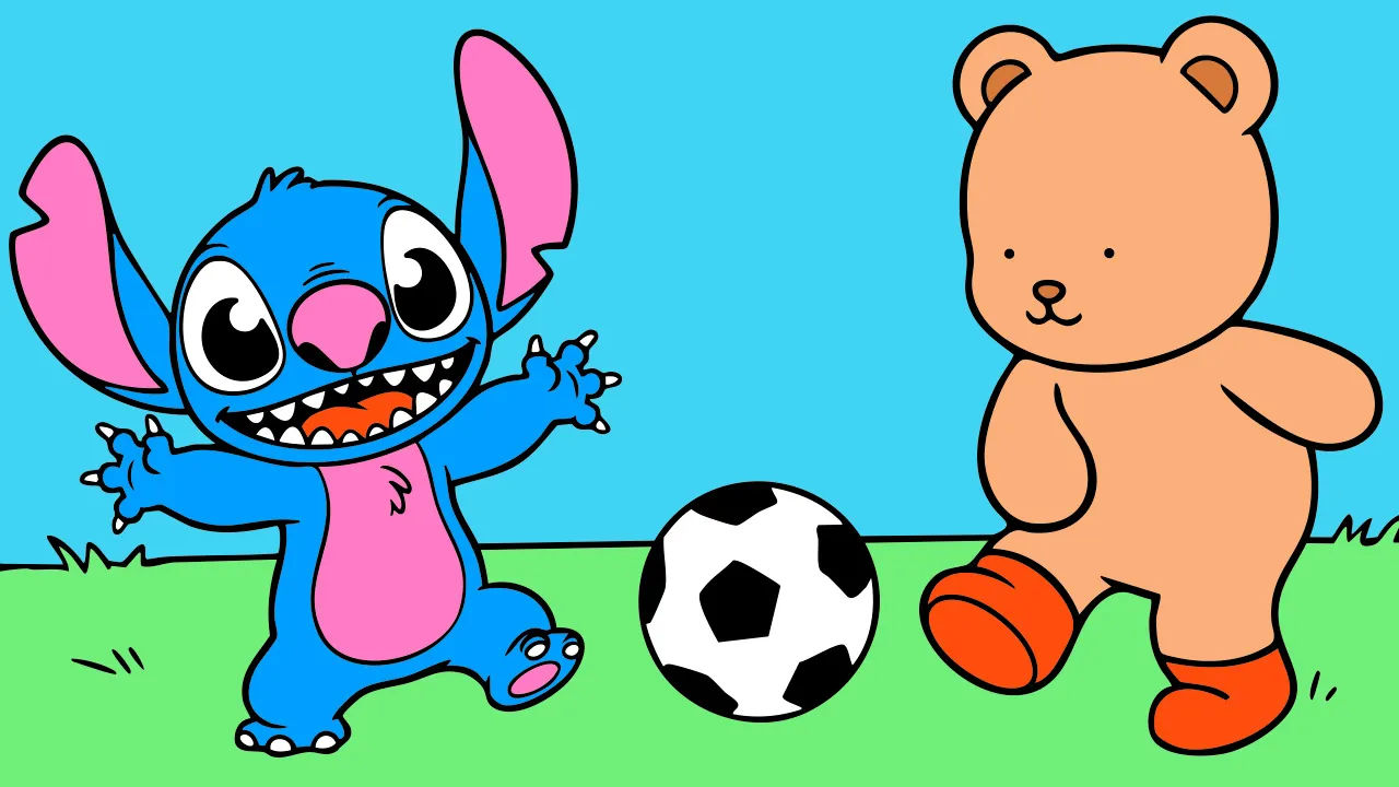 Stitch e Bob Gude jogando bola em um dia bonito.