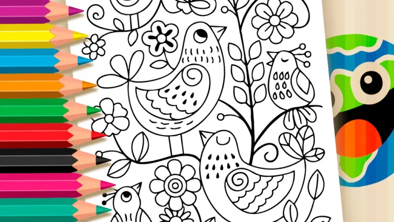 Desenho para colorir Desenho de Passarinhos e Flores em Estilo Folk para Colorir