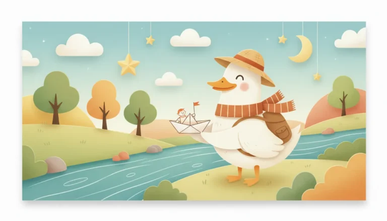 Pato Paper Duck de chapéu e câmera, redescobrindo a alegria das férias em família com passos tranquilos e olhar curioso.