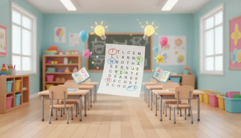 Ilustração 3D colorida de um jogo de caça-palavras personalizado flutuando em uma sala de aula, simbolizando atividades educativas divertidas.