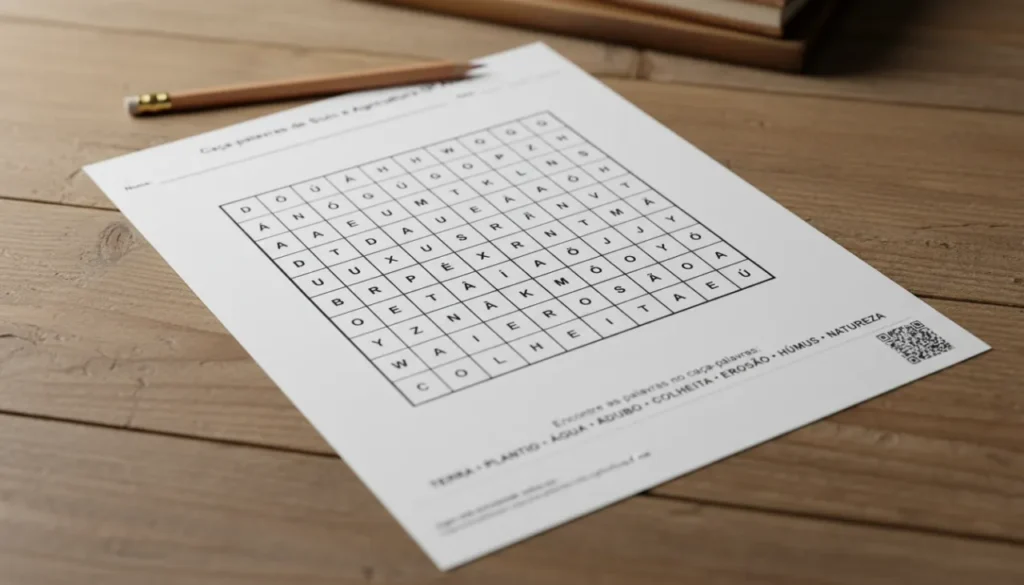 Exemplo de caça palavras gerado em PDF e impresso.