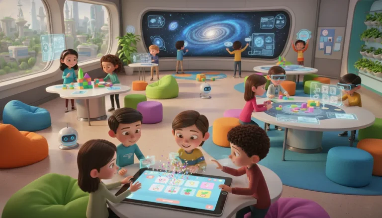 Alunos do ensino fundamental estudando em uma Sala do Futuro moderna e colorida, utilizando tablets para jogos educativos e rotação por estações.