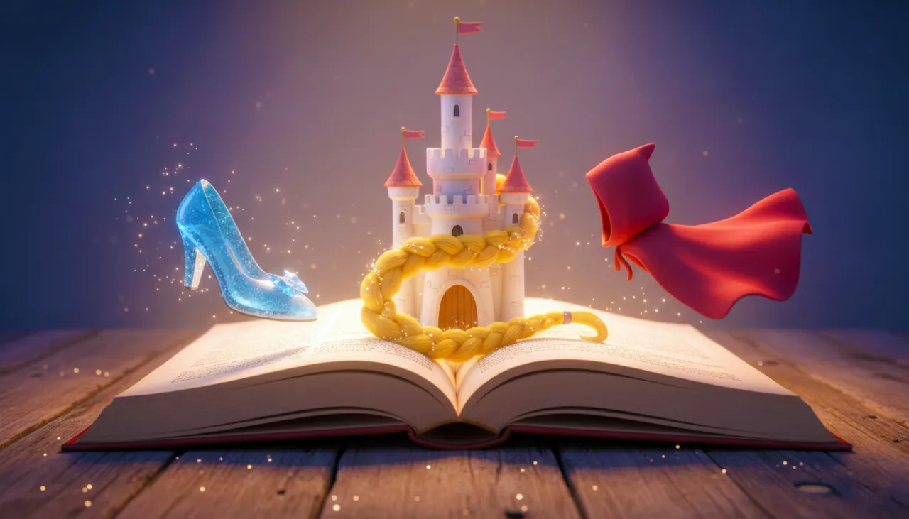 Ilustração colorida de um livro de contos de fadas aberto com castelos e brilhos mágicos saindo das páginas.