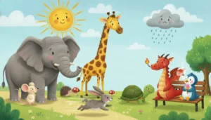 Uma ilustração divertida em um parque onde animais mostram os opostos: um elefante grande ao lado de um rato pequeno, uma girafa alta olhando para um ouriço baixo, um coelho correndo rápido passando por uma tartaruga lenta, e um dragão quente conversando com um pinguim frio. No céu, um sol feliz e uma nuvem triste.