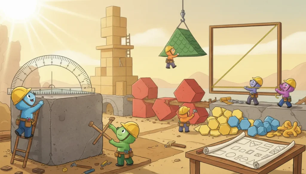Uma ilustração divertida de um canteiro de obras focado em geometria. Em primeiro plano, um personagem usa um transferidor gigante para medir um ângulo reto num bloco quadrado. Ao fundo, construtores erguem torres com cubos e telhados triangulares, e usam blocos em forma de trapézio. Dois personagens esticam uma corda amarela mostrando a diagonal de um retângulo.