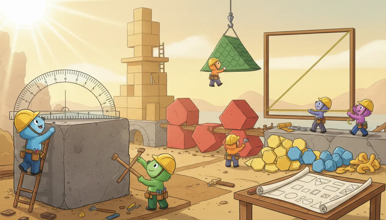 Uma ilustração divertida de um canteiro de obras focado em geometria. Em primeiro plano, um personagem usa um transferidor gigante para medir um ângulo reto num bloco quadrado. Ao fundo, construtores erguem torres com cubos e telhados triangulares, e usam blocos em forma de trapézio. Dois personagens esticam uma corda amarela mostrando a diagonal de um retângulo.