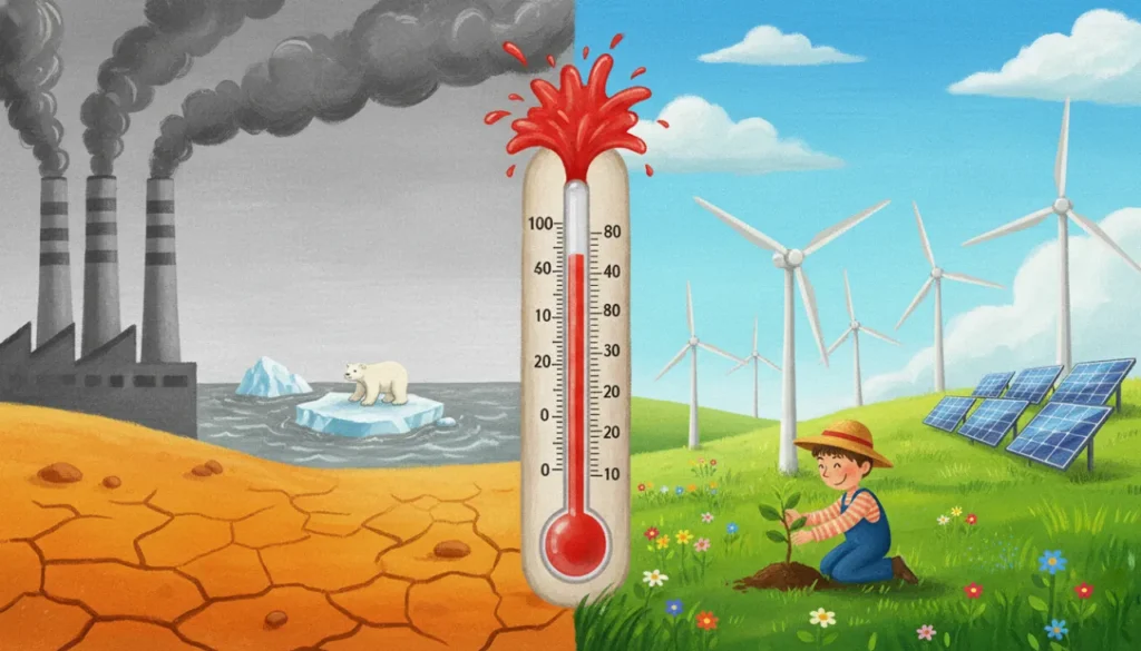 Uma ilustração dividida mostrando os efeitos do aquecimento global versus a sustentabilidade. À esquerda (o problema), fábricas soltam fumaça, o chão está seco e rachado, e um urso polar está num gelo derretendo. À direita (a solução), vemos um céu azul limpo, energia eólica e solar, e uma criança plantando uma árvore. No meio, um termômetro mostra a temperatura alta no lado poluído e baixa no lado verde.