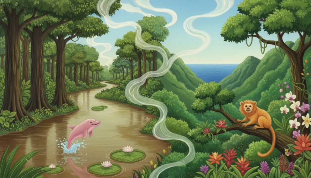 Uma ilustração vibrante comparando os biomas. À esquerda, a Amazônia com sua floresta plana, um rio largo com um boto-cor-de-rosa, vitórias-régias e nuvens de "rios voadores" subindo. À direita, a Mata Atlântica com montanhas verdes perto do mar, cheia de bromélias e um mico-leão-dourado.