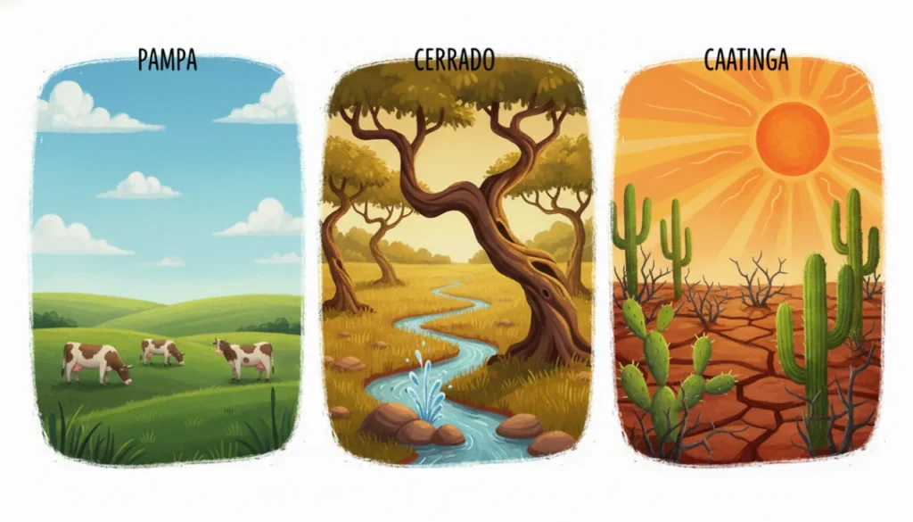 Uma ilustração dividida em três partes mostrando paisagens diferentes. À esquerda, os Pampas com colinas verdes e vacas pastando. No centro, o Cerrado com árvores de troncos retorcidos e uma nascente de água. À direita, a Caatinga com solo seco, vermelho e muitos cactos espinhosos sob um sol forte.