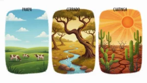Uma ilustração dividida em três partes mostrando paisagens diferentes. À esquerda, os Pampas com colinas verdes e vacas pastando. No centro, o Cerrado com árvores de troncos retorcidos e uma nascente de água. À direita, a Caatinga com solo seco, vermelho e muitos cactos espinhosos sob um sol forte.