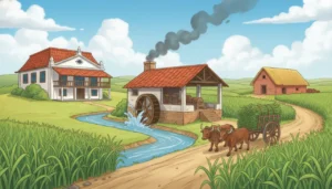 Uma ilustração histórica de um engenho de açúcar colonial. No alto de uma colina, a Casa-Grande branca e imponente. Abaixo, a fábrica do engenho com uma chaminé fumegante e roda d'água. Ao lado, a senzala, uma construção longa e simples. Um carro de boi transporta cana pelos vastos campos verdes.