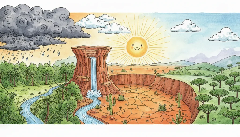 Uma ilustração panorâmica mostrando a diversidade geográfica do Brasil. À esquerda, a planície amazônica com floresta densa e muita chuva. O terreno sobe para um planalto central alto com cachoeiras. Mais à frente, uma depressão seca e laranja representa o sertão com cactos e sol forte. À direita, colinas verdes com araucárias e neblina representam o clima frio do sul.