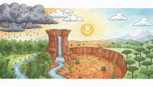 Uma ilustração panorâmica mostrando a diversidade geográfica do Brasil. À esquerda, a planície amazônica com floresta densa e muita chuva. O terreno sobe para um planalto central alto com cachoeiras. Mais à frente, uma depressão seca e laranja representa o sertão com cactos e sol forte. À direita, colinas verdes com araucárias e neblina representam o clima frio do sul.