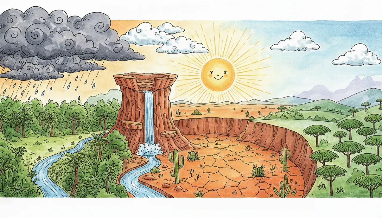 Uma ilustração panorâmica mostrando a diversidade geográfica do Brasil. À esquerda, a planície amazônica com floresta densa e muita chuva. O terreno sobe para um planalto central alto com cachoeiras. Mais à frente, uma depressão seca e laranja representa o sertão com cactos e sol forte. À direita, colinas verdes com araucárias e neblina representam o clima frio do sul.