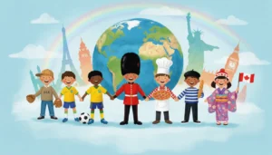 Uma ilustração vibrante de um globo terrestre cercado por uma roda de crianças de mãos dadas representando vários países. Uma criança com roupa de futebol (Brasil), uma com boné de beisebol (EUA), uma de boina (França), uma de quimono (Japão), uma de guarda real (Reino Unido) e uma com chapéu de chef e pizza (Itália). Ao fundo, silhuetas de monumentos famosos mostram a união do mundo.