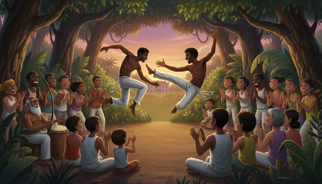 Uma ilustração cheia de energia de uma roda de capoeira ao pôr do sol. No centro, dois homens fazem movimentos acrobáticos. Ao redor, pessoas batem palmas e tocam instrumentos tradicionais como o berimbau e o atabaque, celebrando a cultura e a resistência.