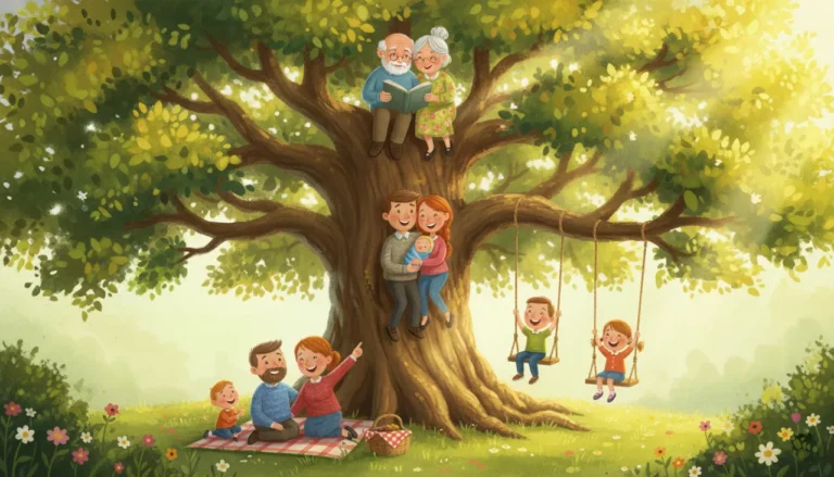 Uma ilustração doce de uma grande árvore genealógica viva. Nos galhos mais altos, o vovô e a vovó observam felizes. No meio, o papai e a mamãe seguram um bebê. Nos galhos baixos, o irmão e a irmã brincam em um balanço. Na grama, os tios e o primo fazem um piquenique, mostrando a família toda reunida!