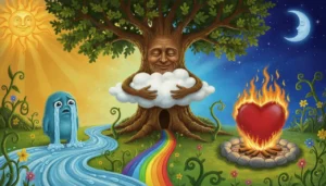 Uma ilustração surrealista e divertida em um jardim mágico. No centro, uma árvore com rosto humano abraça uma nuvem (Personificação). À esquerda, um personagem chora um rio de lágrimas exagerado (Hipérbole). À direita, um coração que queima como uma fogueira de verdade (Metáfora). O céu é dividido ao meio entre dia claro e noite escura (Antítese).