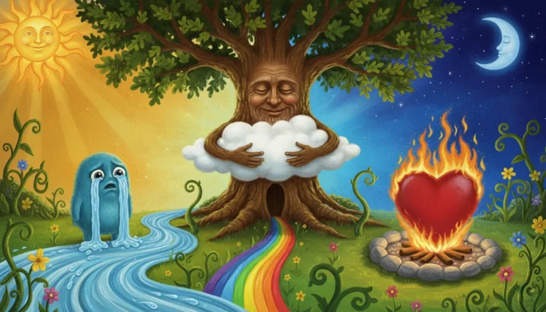 Uma ilustração surrealista e divertida em um jardim mágico. No centro, uma árvore com rosto humano abraça uma nuvem (Personificação). À esquerda, um personagem chora um rio de lágrimas exagerado (Hipérbole). À direita, um coração que queima como uma fogueira de verdade (Metáfora). O céu é dividido ao meio entre dia claro e noite escura (Antítese).