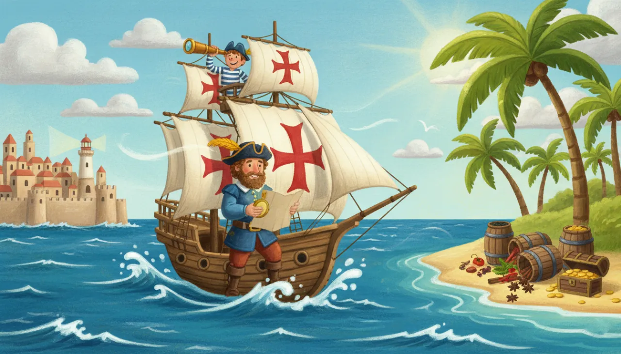 Uma ilustração de uma caravela com cruzes vermelhas nas velas navegando no oceano. O capitão no convés segura uma bússola. Atrás do navio está um porto europeu de pedra. À frente, uma ilha tropical com sacos de especiarias (pimenta, canela) e um baú de ouro na areia.