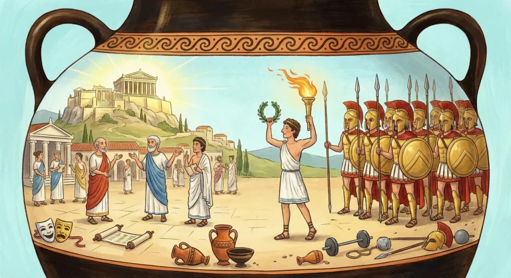 Uma ilustração panorâmica estilizada como uma pintura dentro de um grande vaso de cerâmica grego. À esquerda, representando Atenas, filósofos de túnicas conversam na Ágora, com máscaras de teatro no chão e o templo do Partenon no topo de uma colina iluminada ao fundo. À direita, representando Esparta e os esportes, um grupo de soldados espartanos com elmos, capas vermelhas e escudos marcha ao lado de um atleta olímpico segurando uma tocha e uma coroa de louros.