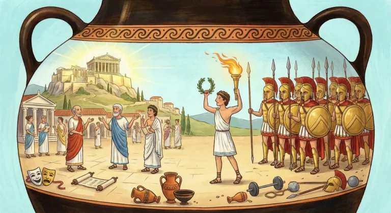Uma ilustração panorâmica estilizada como uma pintura dentro de um grande vaso de cerâmica grego. À esquerda, representando Atenas, filósofos de túnicas conversam na Ágora, com máscaras de teatro no chão e o templo do Partenon no topo de uma colina iluminada ao fundo. À direita, representando Esparta e os esportes, um grupo de soldados espartanos com elmos, capas vermelhas e escudos marcha ao lado de um atleta olímpico segurando uma tocha e uma coroa de louros.