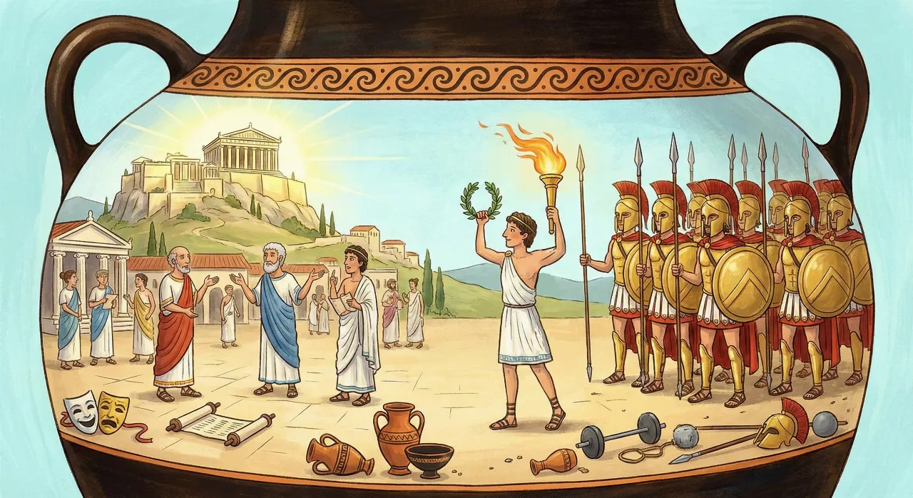 Uma ilustração panorâmica estilizada como uma pintura dentro de um grande vaso de cerâmica grego. À esquerda, representando Atenas, filósofos de túnicas conversam na Ágora, com máscaras de teatro no chão e o templo do Partenon no topo de uma colina iluminada ao fundo. À direita, representando Esparta e os esportes, um grupo de soldados espartanos com elmos, capas vermelhas e escudos marcha ao lado de um atleta olímpico segurando uma tocha e uma coroa de louros.