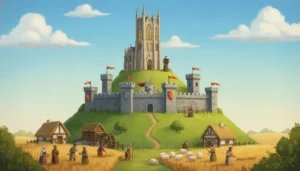 Uma ilustração vibrante mostrando a sociedade medieval dividida em níveis numa colina. Na base, camponeses trabalham na plantação de trigo. No meio, um castelo de pedra com um cavaleiro de armadura em seu cavalo. No topo, uma grande catedral gótica com um monge, mostrando a união entre trabalho, proteção e fé.