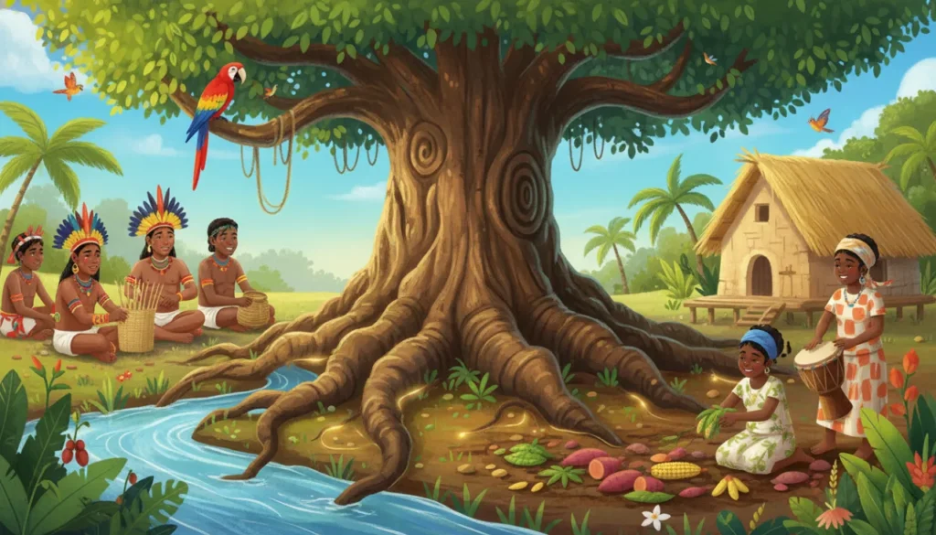 Uma ilustração vibrante celebrando a ancestralidade. Ao centro, uma árvore gigante com raízes profundas. À esquerda, indígenas à beira do rio fazem artesanato e observam uma arara. À direita, quilombolas cultivam a terra e tocam tambor perto de uma casa de barro. A cena mostra a união e o respeito pela natureza.