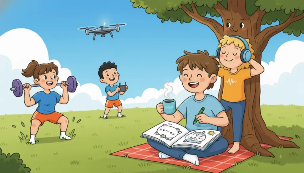Uma ilustração animada de um parque num dia ensolarado com pessoas curtindo seus passatempos. Em primeiro plano, alguém bebe café enquanto pinta um desenho fofo num caderno de colorir. À esquerda, uma pessoa se exercita fazendo agachamentos com uma barra de pesos. À direita, alguém relaxa encostado numa árvore, ouvindo música com fones de ouvido. Ao fundo, uma pessoa pilota um pequeno drone no céu azul.