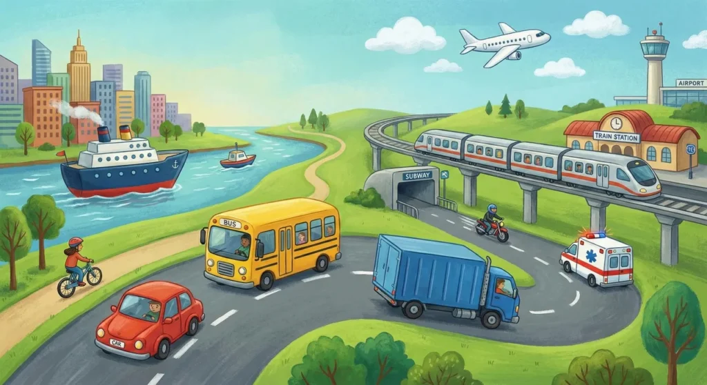 Uma ilustração colorida e educativa mostrando vários meios de transporte integrados em uma paisagem. Na rodovia principal, há um carro vermelho com a placa "CAR", um ônibus amarelo escolar com a placa "BUS", um grande caminhão azul de carga, uma motocicleta e uma ambulância. Em um caminho ao lado, uma pessoa anda de bicicleta. Em um rio à esquerda, navegam um grande navio de passageiros e um barco menor, próximos a uma cidade grande ao fundo. À direita, um trem moderno passa por uma ponte elevada saindo da "TRAIN STATION", enquanto a rodovia principal entra em um túnel com a placa "SUBWAY". No céu azul com nuvens, um avião voa próximo à torre de um aeroporto ("AIRPORT").