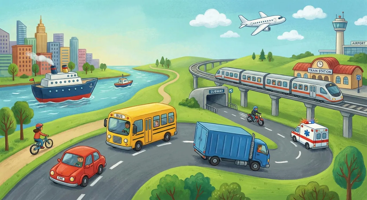 Uma ilustração colorida e educativa mostrando vários meios de transporte integrados em uma paisagem. Na rodovia principal, há um carro vermelho com a placa "CAR", um ônibus amarelo escolar com a placa "BUS", um grande caminhão azul de carga, uma motocicleta e uma ambulância. Em um caminho ao lado, uma pessoa anda de bicicleta. Em um rio à esquerda, navegam um grande navio de passageiros e um barco menor, próximos a uma cidade grande ao fundo. À direita, um trem moderno passa por uma ponte elevada saindo da "TRAIN STATION", enquanto a rodovia principal entra em um túnel com a placa "SUBWAY". No céu azul com nuvens, um avião voa próximo à torre de um aeroporto ("AIRPORT").