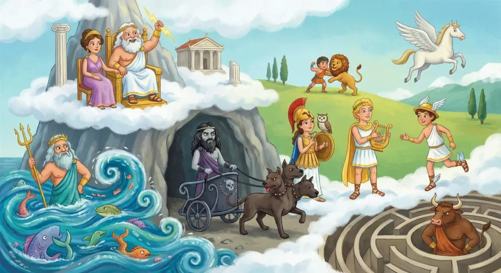 Ilustração dos deuses gregos: Zeus nas nuvens, Poseidon no mar, Hades no submundo, Atena e Apolo na terra e o Minotauro no labirinto.