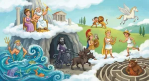 Ilustração dos deuses gregos: Zeus nas nuvens, Poseidon no mar, Hades no submundo, Atena e Apolo na terra e o Minotauro no labirinto.