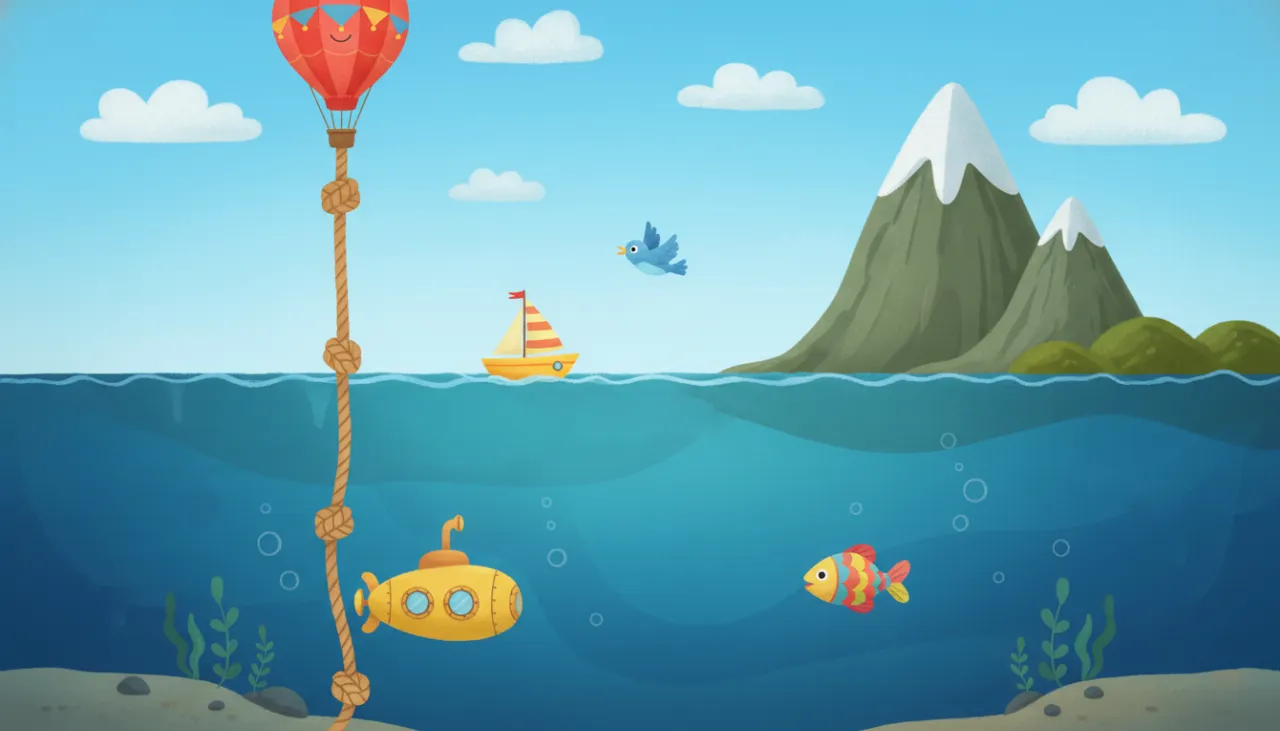 Uma ilustração vertical mostrando a relação entre números positivos e negativos através da altitude.