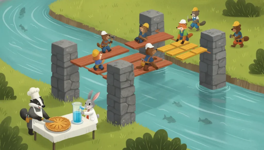 Uma ilustração animada de construtores montando uma ponte sobre um rio para ensinar frações. Pilares de pedra gigantes representam os números inteiros. Entre eles, os construtores encaixam tábuas de madeira de diferentes tamanhos exatos (metades, quartos) para preencher os espaços. Na margem, um personagem corta uma torta em fatias iguais e outro enche um medidor de vidro exatamente até a metade.