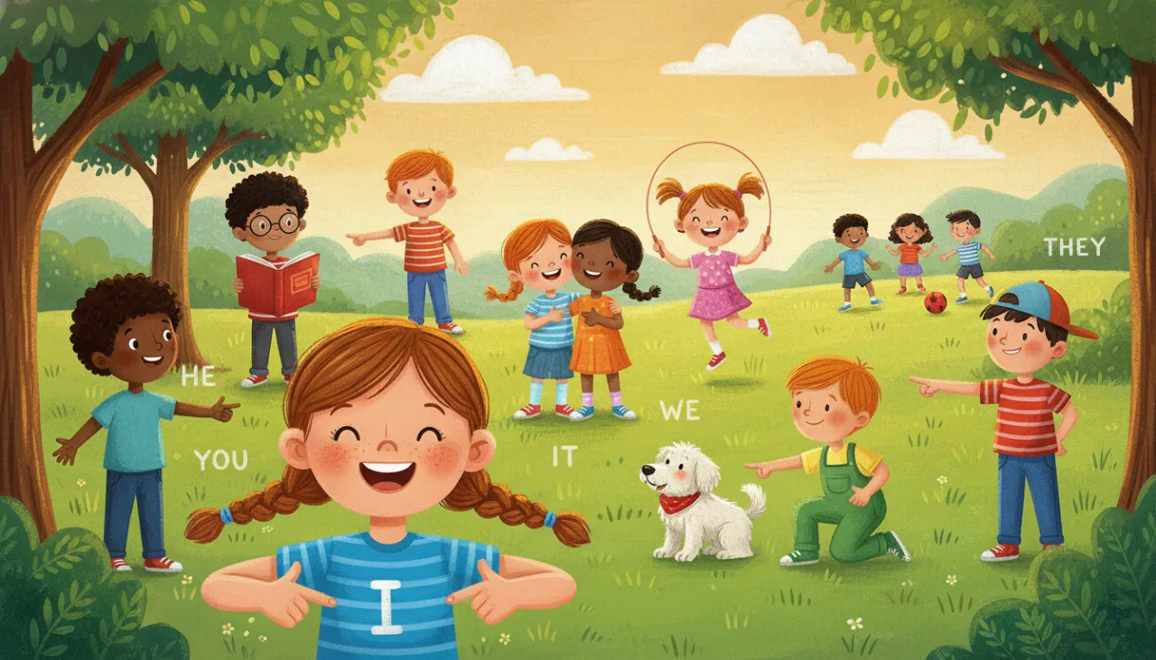 Uma ilustração educativa em um parque onde crianças ensinam pronomes com gestos. Uma menina aponta para si mesma (I), um menino aponta para o amigo (YOU), uma criança aponta para um menino e uma menina separados (HE/SHE), outra aponta para um cachorro (IT), dois amigos abraçados apontam para si mesmos (WE) e alguém aponta para um grupo distante jogando bola (THEY).