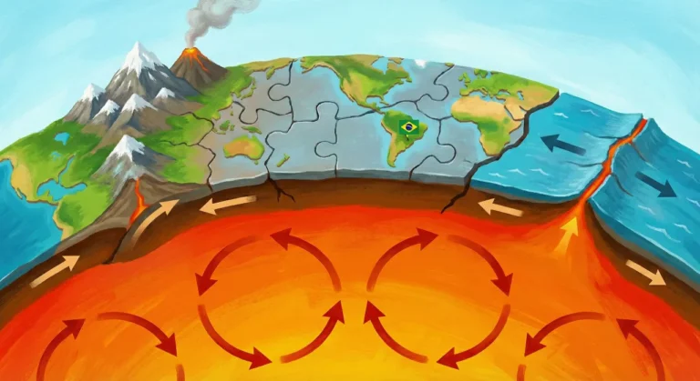 Ilustração demonstrando como o interior do planeta Terra movimenta as placas tectônicas.