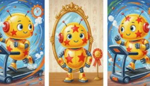 Uma ilustração dividida em três partes usando um robô para ensinar predicados.