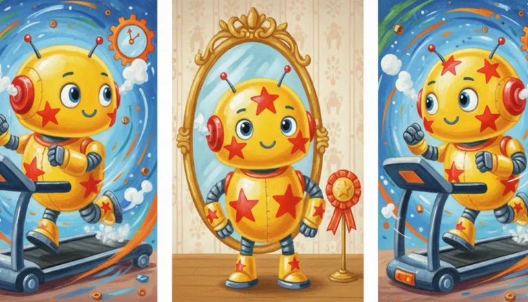 Uma ilustração dividida em três partes usando um robô para ensinar predicados.