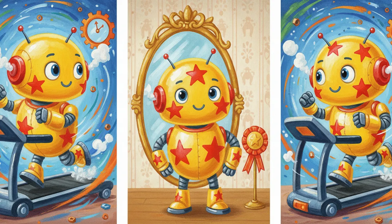 Uma ilustração dividida em três partes usando um robô para ensinar predicados.