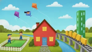 Uma ilustração divertida de uma vila feita de formas geométricas de quatro lados. Há uma casa quadrada e um prédio retangular. No céu, pipas em forma de losango. Uma ponte é feita de trapézios e um trem de paralelogramos. No chão, um personagem pinta a área de um retângulo e outro caminha pelo perímetro de um quadrado.