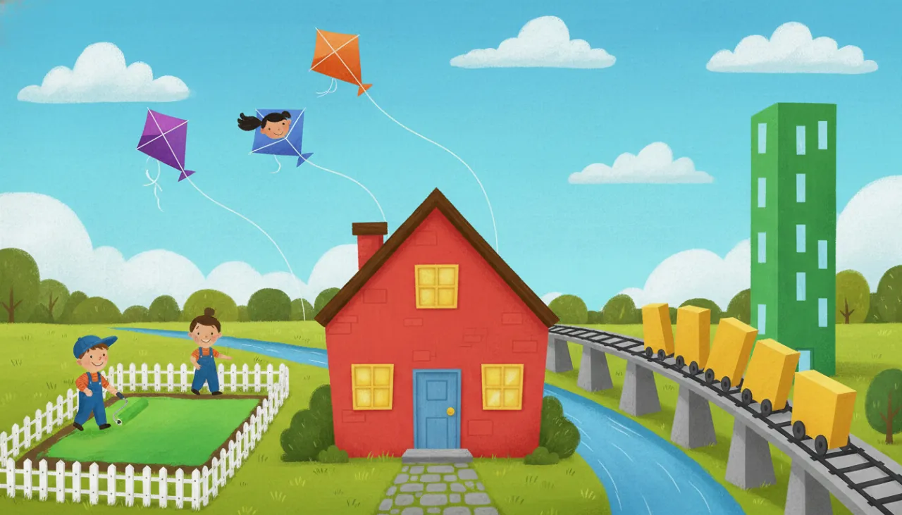 Uma ilustração divertida de uma vila feita de formas geométricas de quatro lados. Há uma casa quadrada e um prédio retangular. No céu, pipas em forma de losango. Uma ponte é feita de trapézios e um trem de paralelogramos. No chão, um personagem pinta a área de um retângulo e outro caminha pelo perímetro de um quadrado.