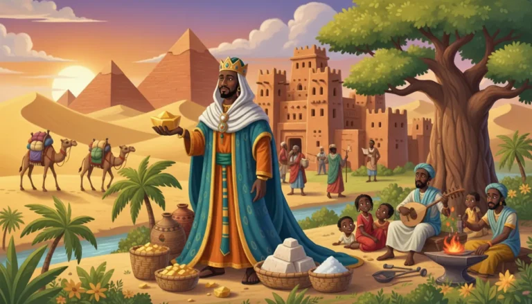 Ilustração dos Reinos Africanos: o rei Mansa Musa com ouro, a cidade de Timbuktu, camelos no deserto, pirâmides ao fundo e um Griot contando histórias.