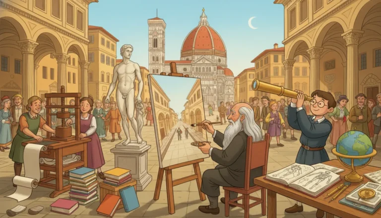 Uma ilustração vibrante e movimentada de um ateliê renascentista a céu aberto. No centro, um artista pinta um quadro com profunda perspectiva, observando uma estátua clássica. À direita, um cientista usa um telescópio e estuda anatomia humana. À esquerda, uma prensa de impressão produz livros. Ao fundo, uma cidade com uma grande cúpula e colunas clássicas. A cena celebra a criatividade e a ciência humana.