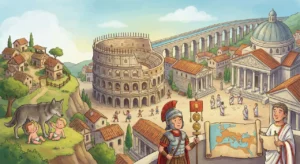 Uma ilustração panorâmica detalhada da Roma Antiga. À esquerda, em uma colina, a loba amamentando os bebês Rômulo e Remo. Ao fundo, o grande Coliseu e um longo aqueduto de pedra. No centro, cidadãos de toga conversam no fórum perto de templos. Em primeiro plano, um soldado romano de armadura vermelha está ao lado de um senador segurando um pergaminho e um mapa do império.