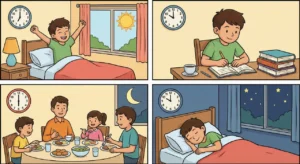 Uma ilustração dividida em quatro quadros que mostra ações da rotina diária de um menino, marcadas por relógios na parede.