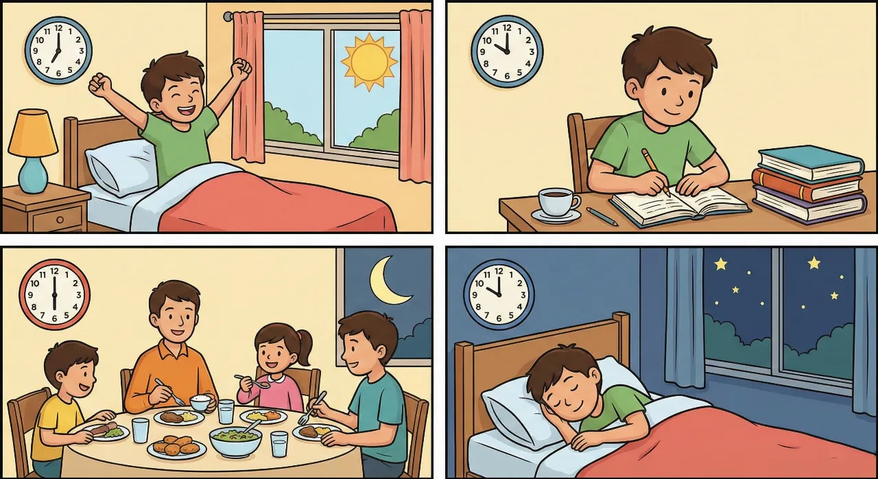 Uma ilustração dividida em quatro quadros que mostra ações da rotina diária de um menino, marcadas por relógios na parede.